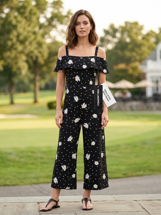 Karl Lagerfeld Pants - Karl Lagerfeld Paris Daisy & Polka Dot Black Romper Size 4 Off-Shoulder Ruffle